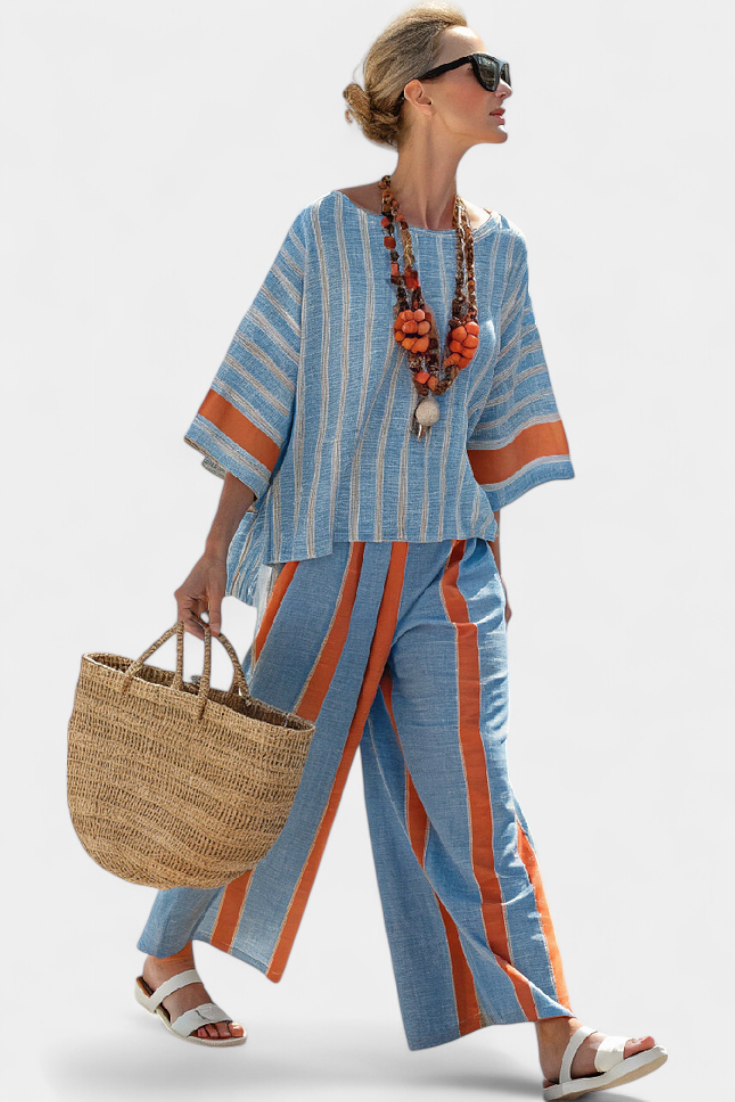 Natalia - Conjunto de Lino de Rayas Terracota