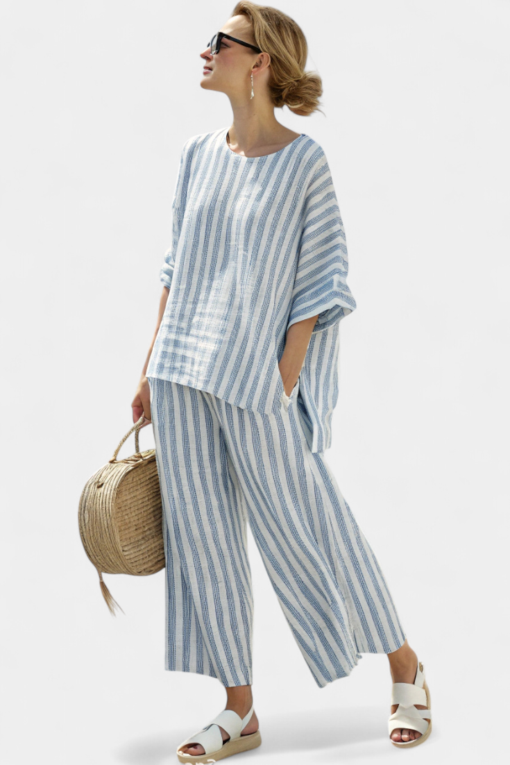 Begoña | Conjunto de Lino de Rayas Azules