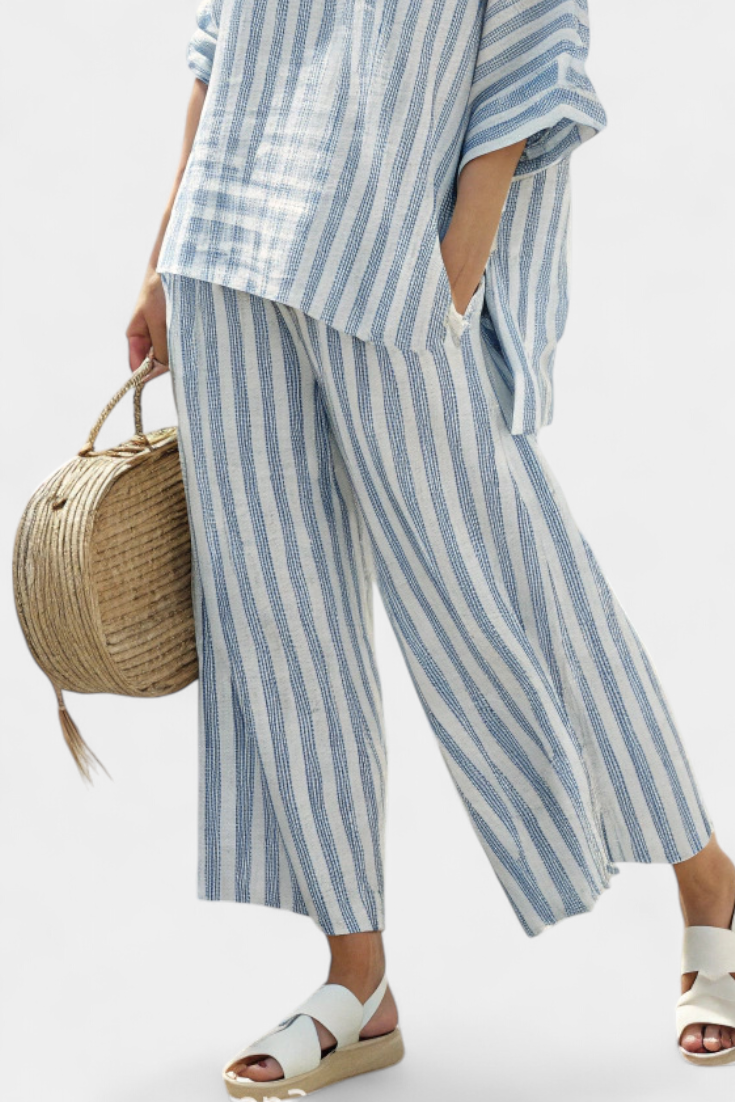 Begoña | Conjunto de Lino de Rayas Azules