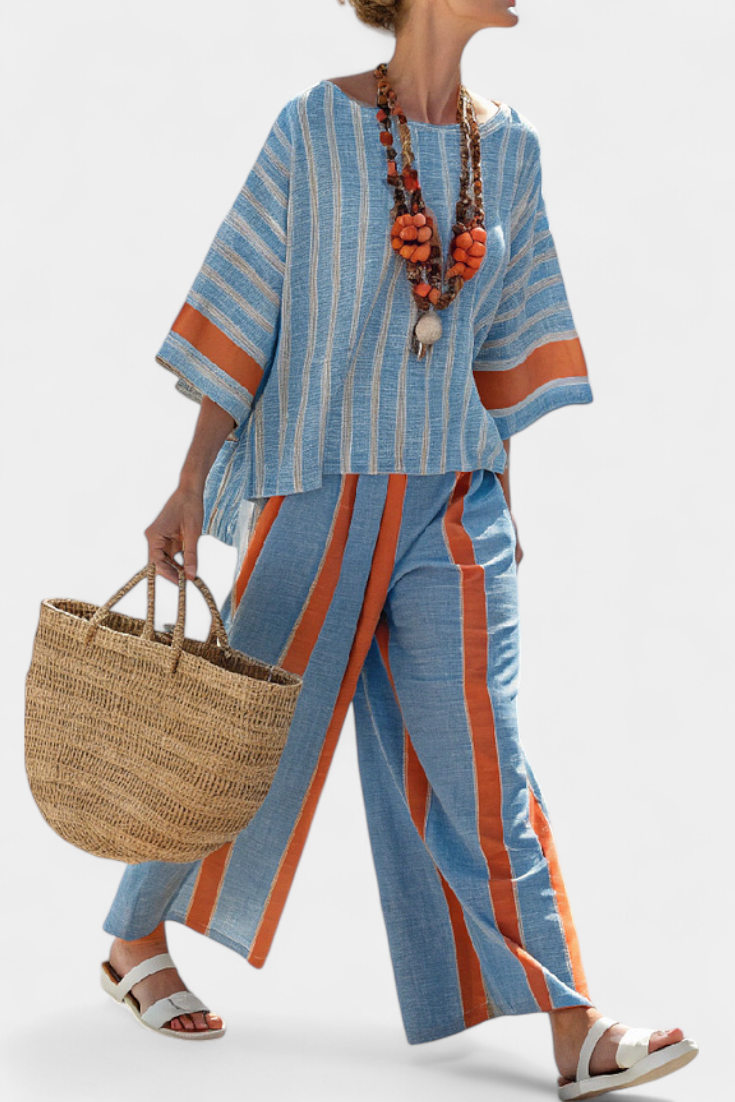 Natalia - Conjunto de Lino de Rayas Terracota