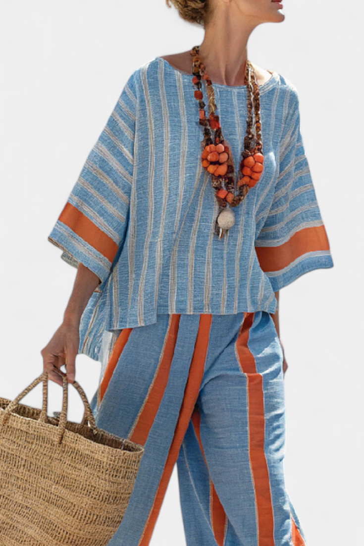 Natalia - Conjunto de Lino de Rayas Terracota
