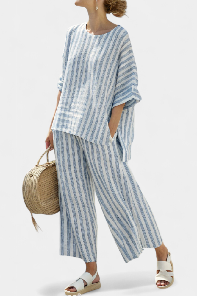 Begoña | Conjunto de Lino de Rayas Azules