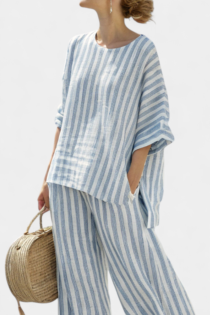 Begoña | Conjunto de Lino de Rayas Azules