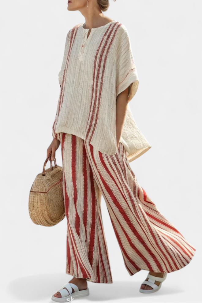 Conjunto de Lino de Rayas Rojas Lourdes de Noble Maria